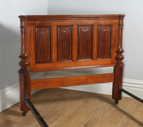 Antique English Victorian Gothic Pitch Pine & Ebony 4ft 6” Double Size Bed (Circa 1890) - yolagray.com