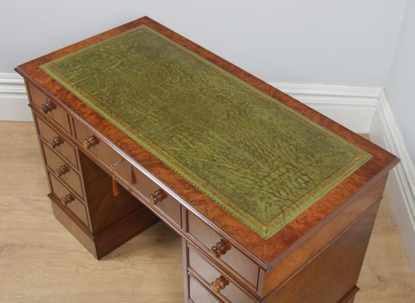 Vintage Georgian Style Burr Walnut & Green Leather 4ft Office Desk By Brights of Nettlebed (Circa 1980) - yolagray.com